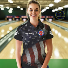 Load image into Gallery viewer, Woman wearing retro American flag patriotic bowling polo shirt front view.