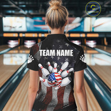 Load image into Gallery viewer, Woman wearing retro American flag patriotic bowling polo shirt back view.