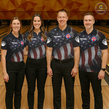 Load image into Gallery viewer, Bowling team wearing matching retro American flag patriotic bowling jerseys front view.