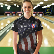 Load image into Gallery viewer, Woman wearing retro American flag patriotic bowling quarter zip shirt front view.