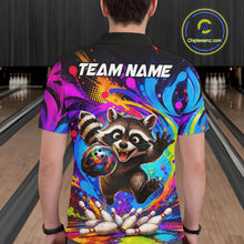 Load image into Gallery viewer, Man wearing funny colorful raccoon bowling polo shirt back view.