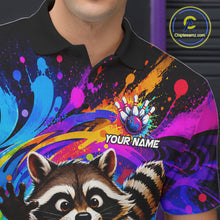 Load image into Gallery viewer, Close-up of the collar, buttons and chest detail on the funny colorful raccoon bowling polo shirt for men.