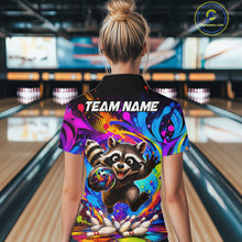 Load image into Gallery viewer, Woman wearing funny colorful raccoon bowling polo shirt back view.
