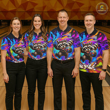 Load image into Gallery viewer, Bowling team wearing matching colorful raccoon bowling jerseys front view.