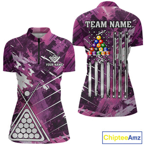 Purple Grunge US Flag Billiard Shirt For Women Custom 8 Ball Pool Team Shirt, Billiard Jersey TDM4969
