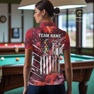 Red Grunge US Flag Billiard Shirt For Women Custom 8 Ball Pool Team Shirt, Funny Billiard Jersey TDM4970