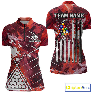 Red Grunge US Flag Billiard Shirt For Women Custom 8 Ball Pool Team Shirt, Funny Billiard Jersey TDM4970