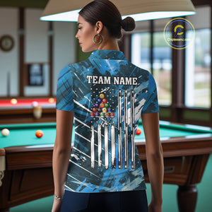 Blue Grunge US Flag Billiard Shirt For Women Custom 8 Ball Pool Team Shirt, Funny Billiard Jersey TDM4971