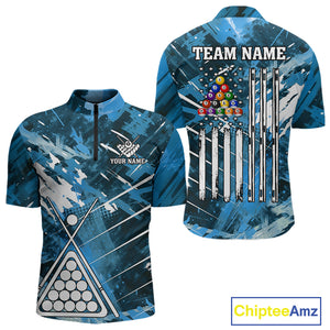 Blue Grunge US Flag Billiard Shirt For Men Custom 8 Ball Pool Team Shirt, Funny Billiard Jersey TDM4971