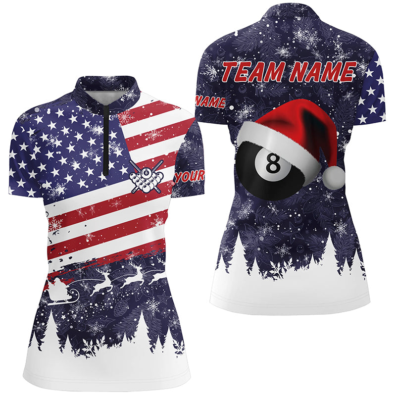 Personalized Merry Christmas USA Flag Billiard Women QuarTer-Zip, Patriotic Christmas Shirts TDM0523