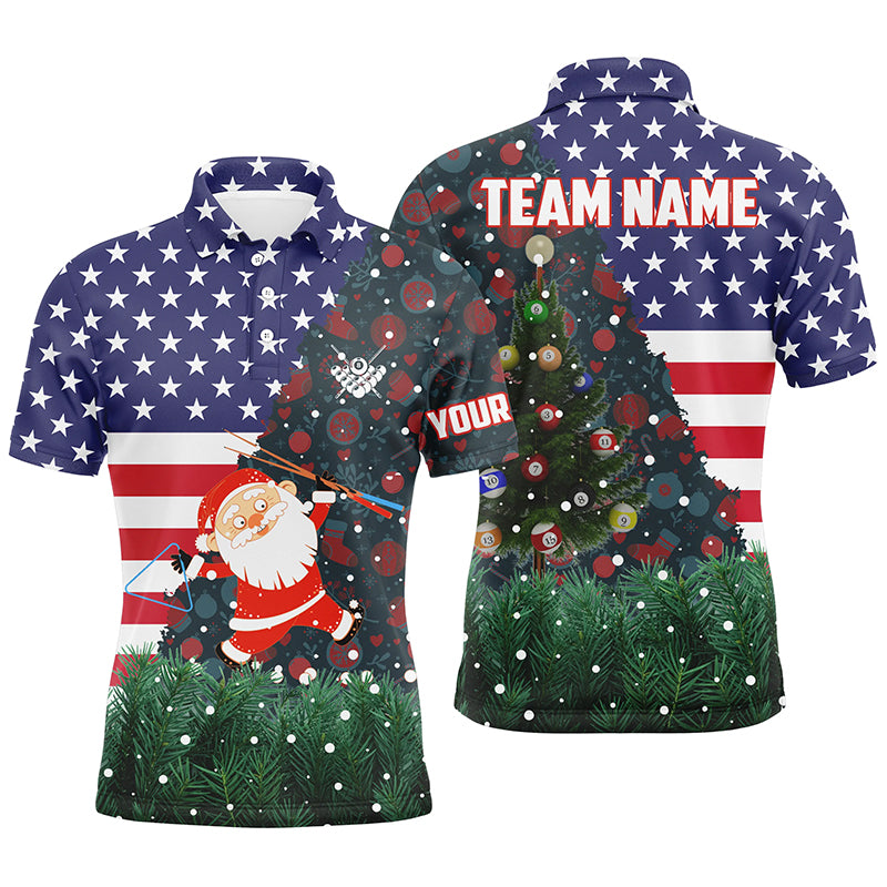 Personalized Santa American Flag Billiard Polo Shirts, Billiard Patriotic Men Christmas Shirts TDM0526