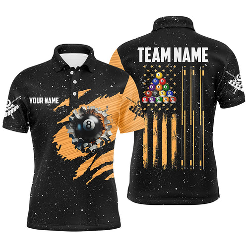 Customized Grunge American Flag 8 Ball Pool Men Billiard Polo Shirts, Pool Player Shirts |Orange TDM3171