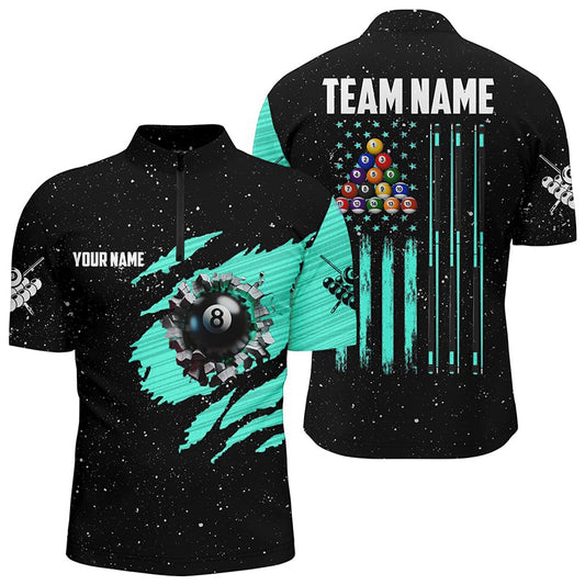 Customized Grunge American Flag 8 Ball Pool Men Billiard Polo Shirts, Pool Player Shirts |Turquoise TDM3172