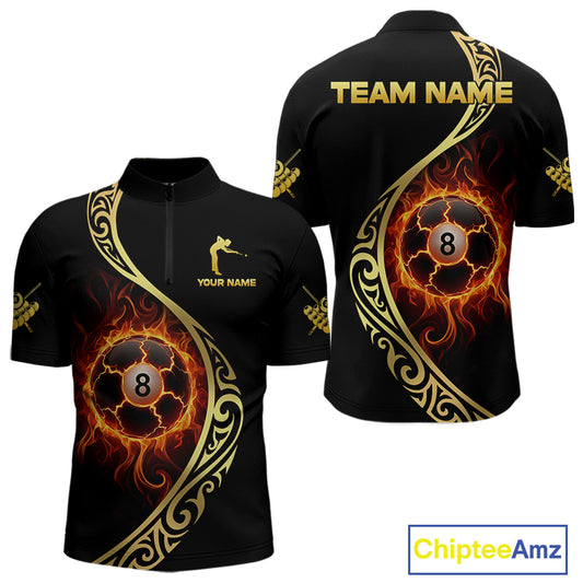 Personalized 8 Ball Fire Gold Tribal Billiard Shirt For Men, Billiard Jersey Team Polo & 1/4 Zip TDM5401