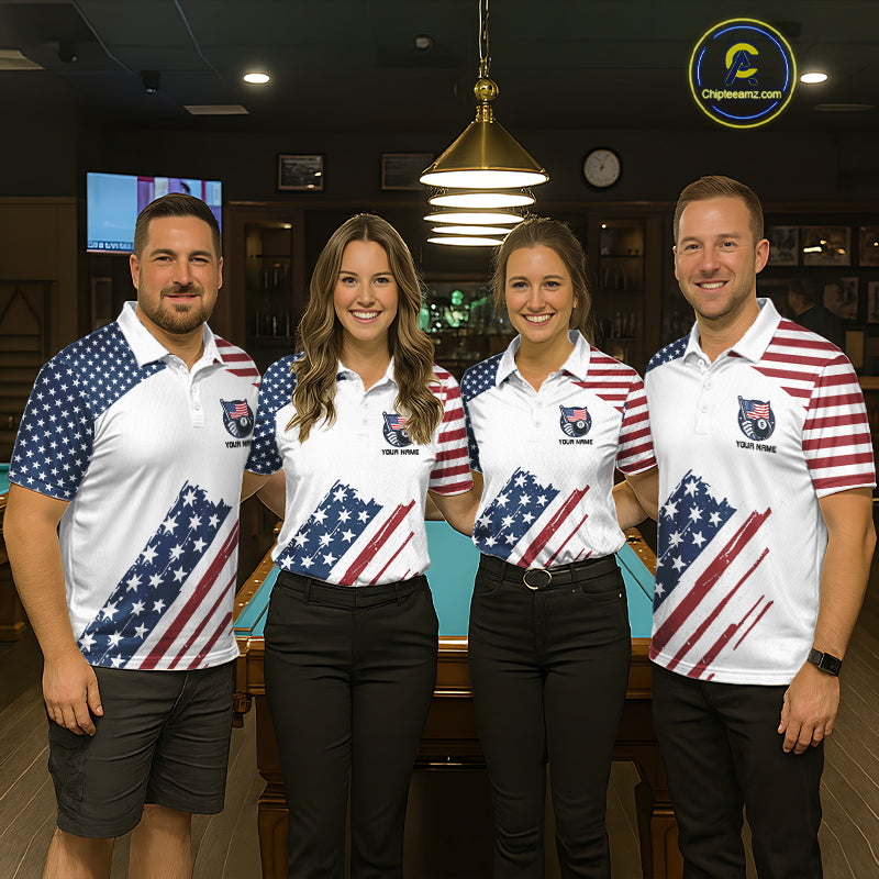 White Grunge American Flag Billiard Shirt For Women Custom Patriotic 8 Ball Pool Team Jersey TDM5687