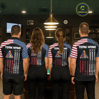 Black Grunge American Flag Billiard Shirt For Women Custom Patriotic 8 Ball Pool Team Jersey TDM5688