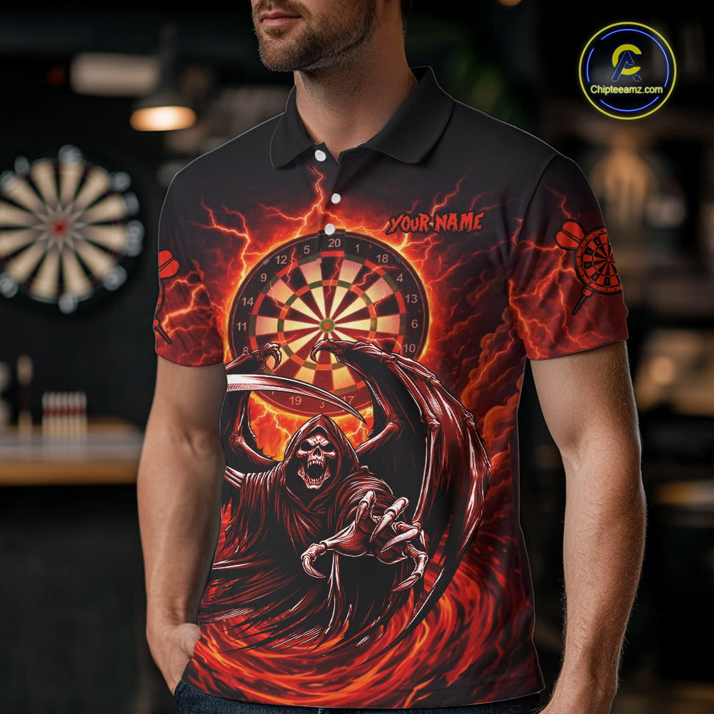 Personalized Red Grim Reaper Lightning Darts Shirt For Men, Darts Team Jersey Polo & 1/4 Zip TDM5896