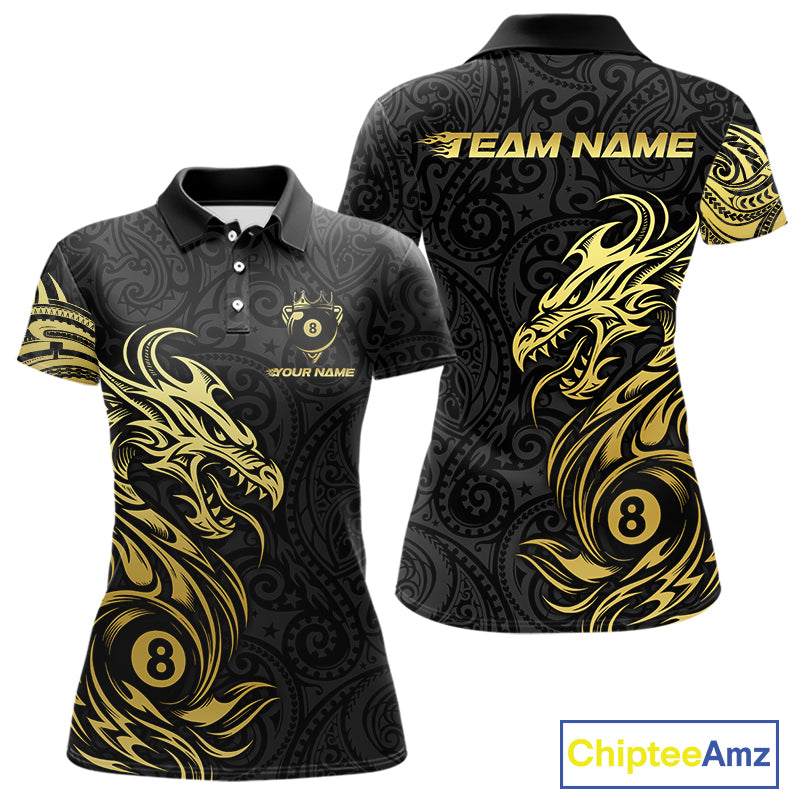 Personalized Black And Gold Tribal Dragon Billiard Shirt For Women Custom 8 Ball Pool Team Jerseys TDM4160
