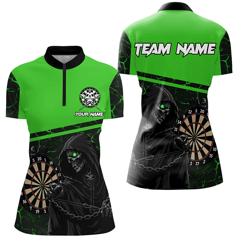 Personalized Grim Reaper Custom Green Darts Polo & Quarter-Zip Shirts For Women, Darts Jersey TDM1984