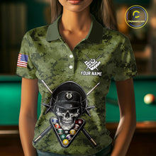 Load image into Gallery viewer, Personalized Military Green Camo Skull Billiard Shirt For Men, Patriotic US Flag Pool Team Jersey TDM5167