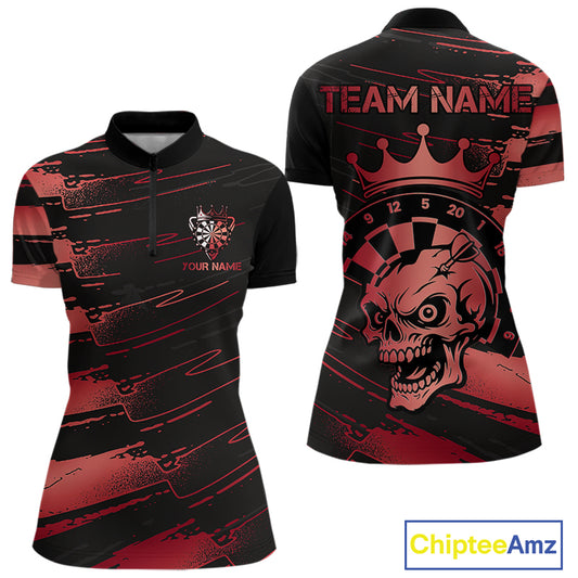 Black And Red Funny Skull Crown Darts Shirt For Women Custom Dart Jerseys Team Polo & Quarter Zip TDM5169
