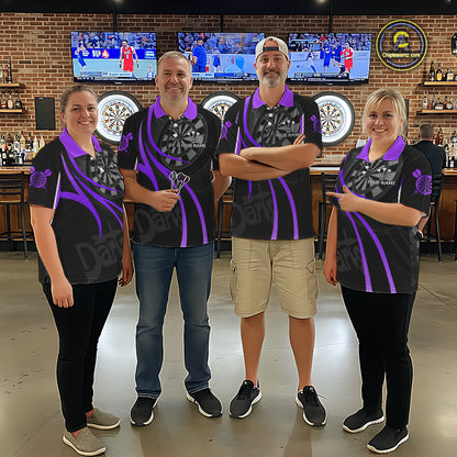 Black And Purple Darts Jersey For Women Custom Team Polo & Quarter Zip Darts Shirt Uniform TDM5412
