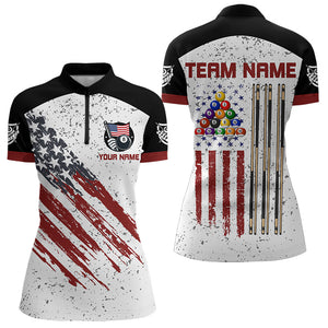 Black White Grunge American Flag Custom Billiard Shirts For Women, Patriotic Team Player Pool Jerseys TDM3405