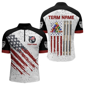 Black White Grunge American Flag Custom Billiard Shirts For Men, Patriotic Team Player Pool Jerseys TDM3405