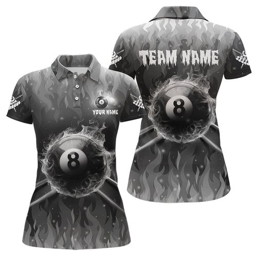Personalized Grey 3D 8 Ball Pool Fire Billiard Shirts For Women Custom Billiard Apparel Jerseys TDM3531
