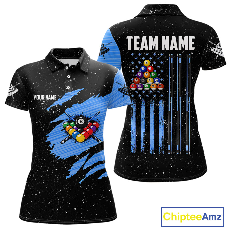Custom Grunge American Flag 8 Ball Billiard Polo & 1/4 Zip For Women, Pool Team Jersey |Blue TDM5902