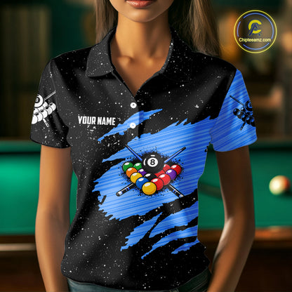 Custom Grunge American Flag 8 Ball Billiard Polo & 1/4 Zip For Women, Pool Team Jersey |Blue TDM5902