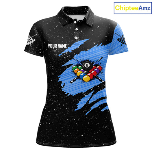 Custom Grunge American Flag 8 Ball Billiard Polo & 1/4 Zip For Women, Pool Team Jersey |Blue TDM5902
