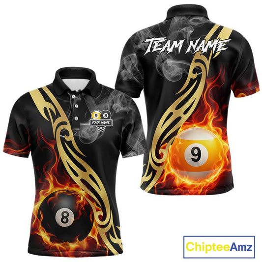 8 Ball & 9 Ball Flame Smoke Tribal Billiard Shirt For Men Custom Pool Team Jersey Polo & 1/4 Zip TDM5907
