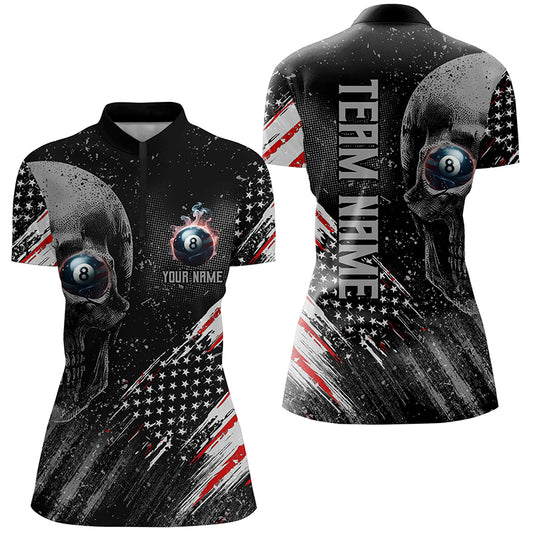 Personalized Billiard Skull 8 Ball Pool Smoke US Flag Women Quarter-Zip Shirts Billiards Outfit TDM1208