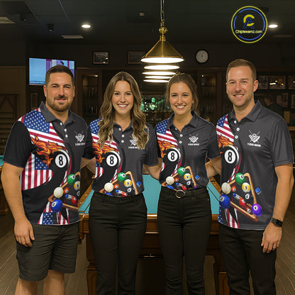 Personalized American Flag Pool Balls Billiard Shirt For Women, 8 Ball Jersey Team Polo & 1/4 Zip TDM6050