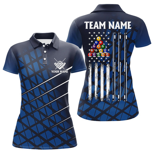 Personalized Blue Grunge American Flag Women Billiard Polo Shirts Custom Pool Player Jersey Shirts TDM1415
