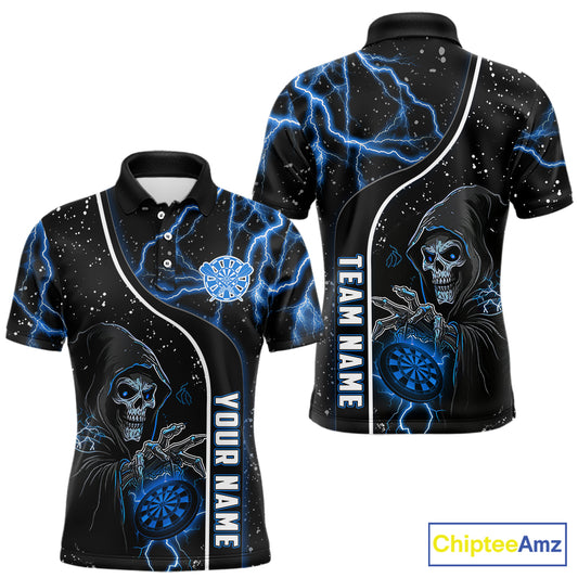 Custom Blue Darts Lightning Grim Reaper Polo & 1/4 Zip, Darts Shirt For Men, Darts Team Jersey TDM6308