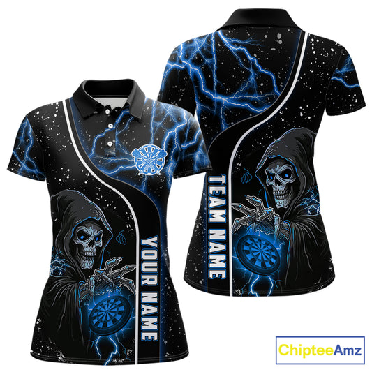 Custom Blue Darts Lightning Grim Reaper Polo & 1/4 Zip, Darts Shirt For Women, Darts Team Jersey TDM6308