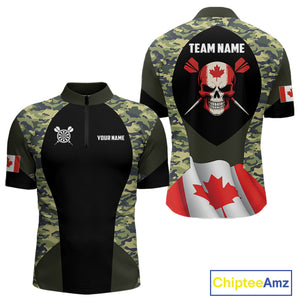 Canada Waving Flag Skull Green Camo Custom Dart Shirts For Men, Patriotic Dart Team Jerseys TDM4165