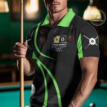 Load image into Gallery viewer, Man wearing a green 8 ball and 9 ball billiard jersey beside a pool table front view.