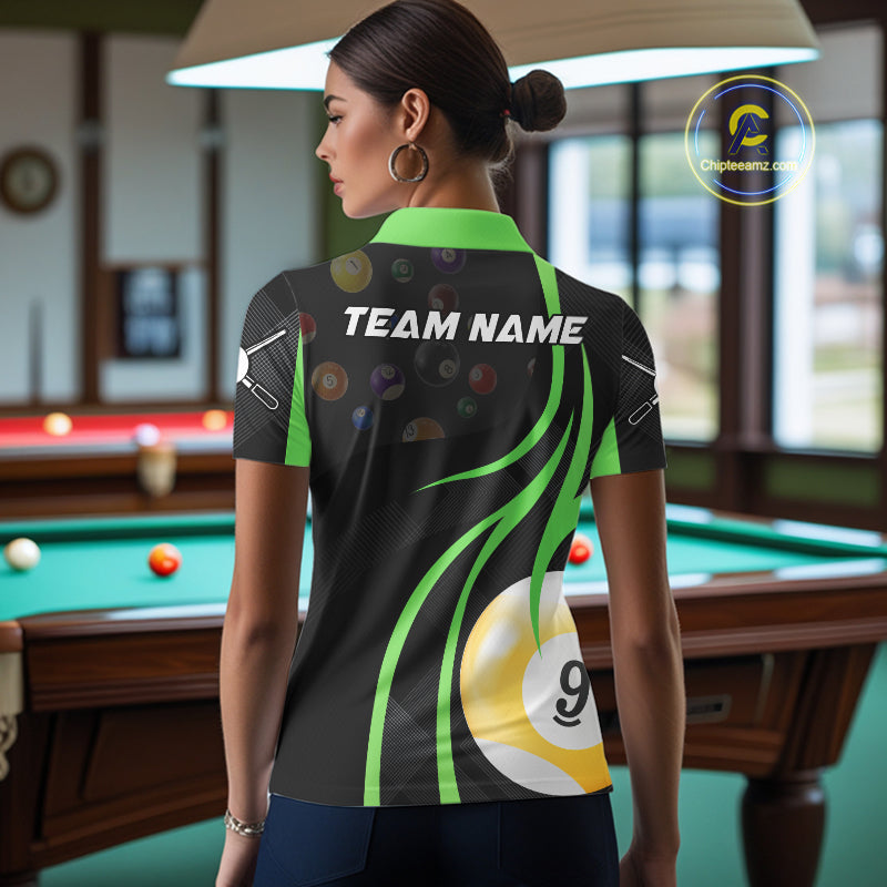 Back view of woman wearing a green 8 ball and 9 ball pool shirt in a billiards hall.