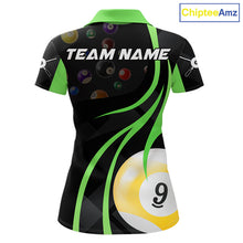 Load image into Gallery viewer, Green 8 ball and 9 ball billiard polo shirt for women with custom pool team graphics.