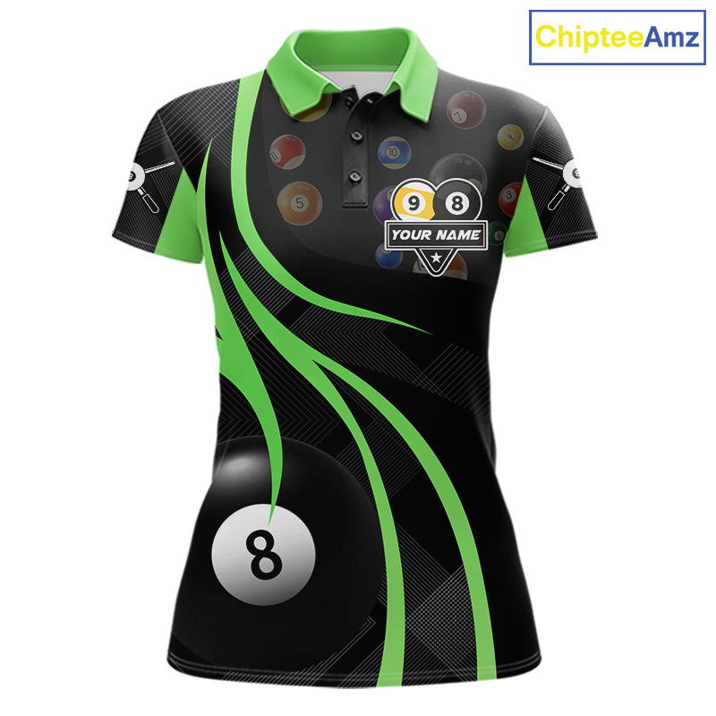 Green 8 ball and 9 ball billiard polo shirt for women with custom pool team graphics.