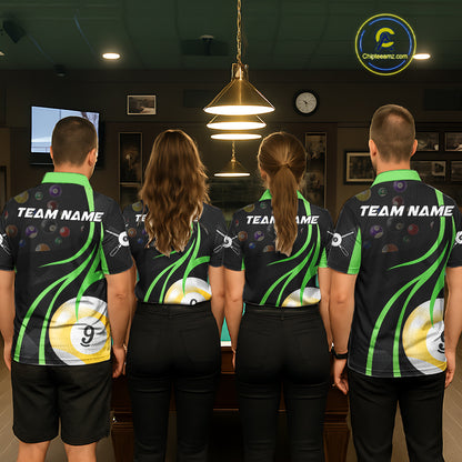 Back view of pool players wearing matching green billiard shirts in a game room.