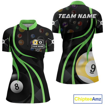 Green 8 ball and 9 ball billiard quarter zip shirt for women built for tournaments and league competition.