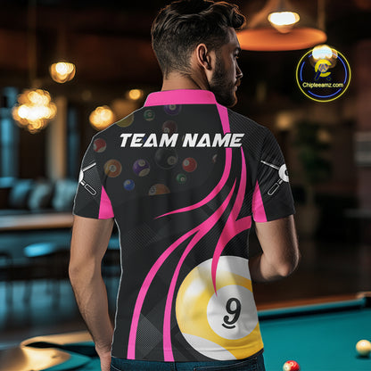 Back view of man wearing a pink 8 ball and 9 ball pool shirt in a billiards hall.