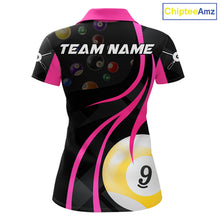 Load image into Gallery viewer, Pink 8 ball and 9 ball billiard polo shirt for women with custom pool team graphics.