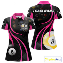 Load image into Gallery viewer, Pink 8 ball and 9 ball billiard polo shirt for women with custom pool team graphics.