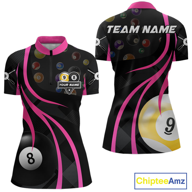 Pink 8 ball and 9 ball billiard quarter zip shirt for women designed for league tournaments and team events.