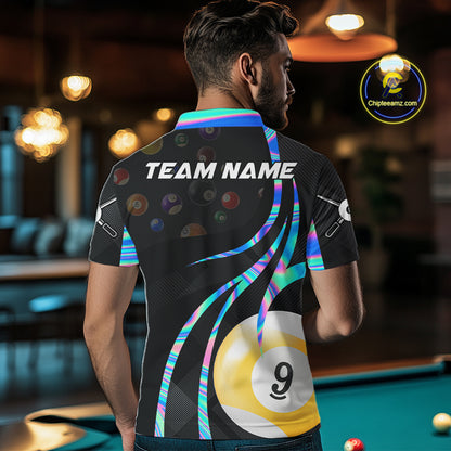 Back view of man wearing a holographic 8 ball and 9 ball pool shirt in a billiards hall.